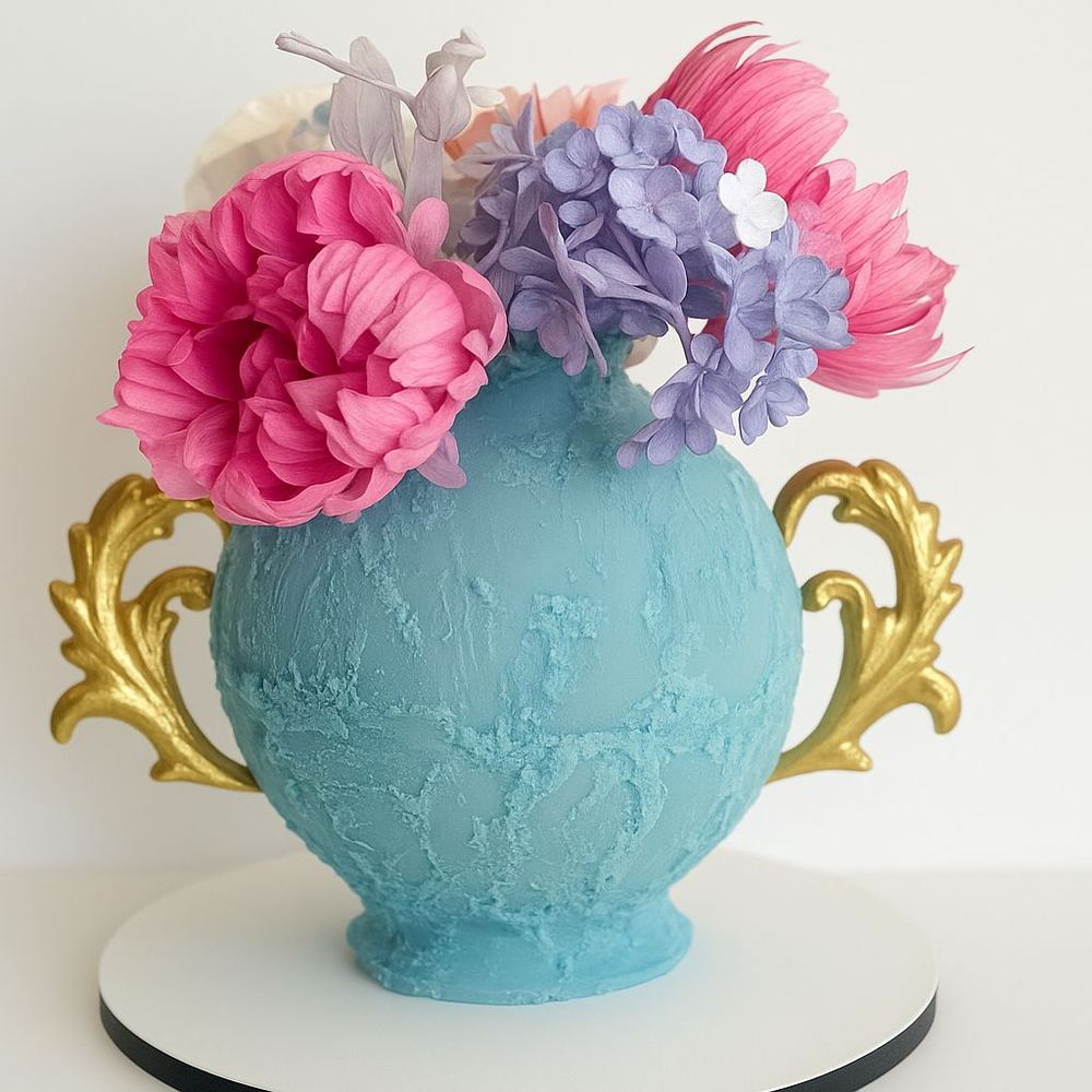 Tarta azul con textura, forma de tetera, asas doradas y arreglo de flores superiores.
