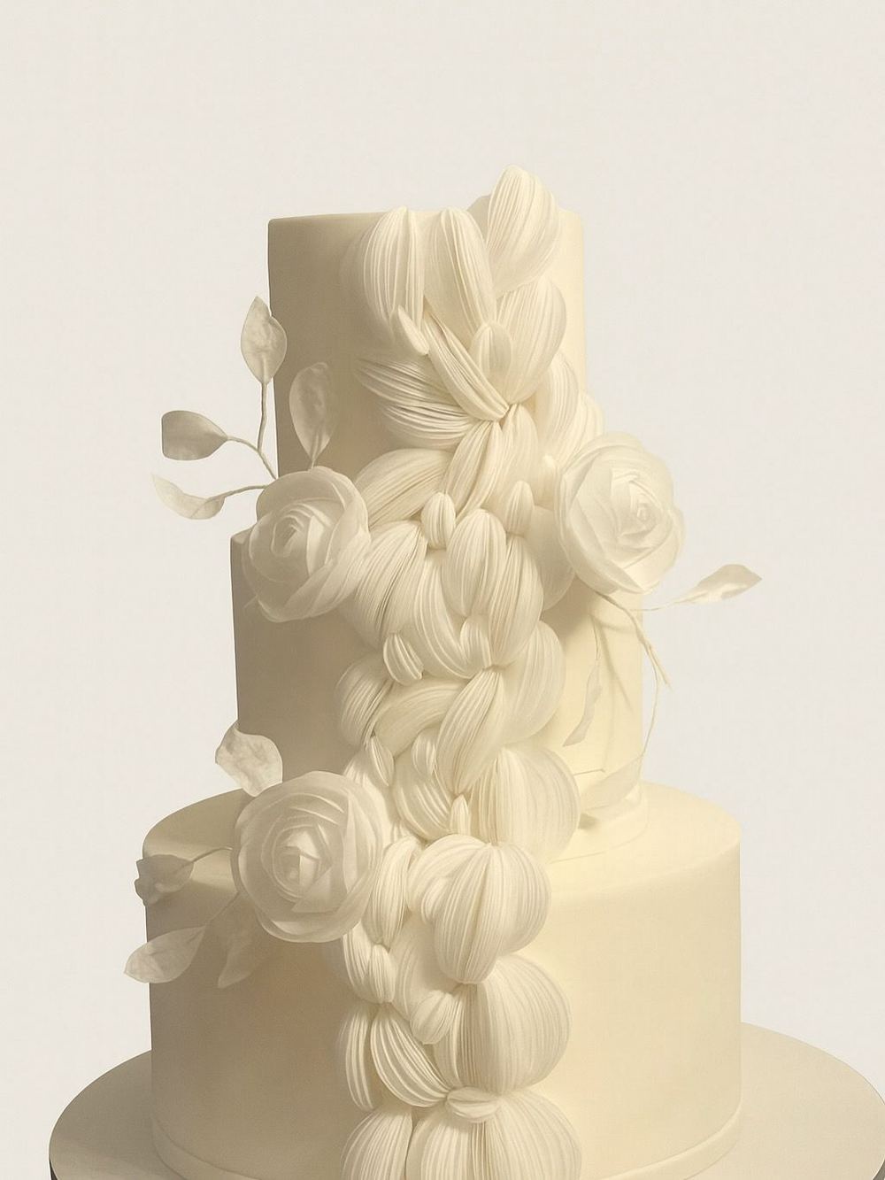 Tarta blanca minimalista con flores suaves y detalles botanicos claros.