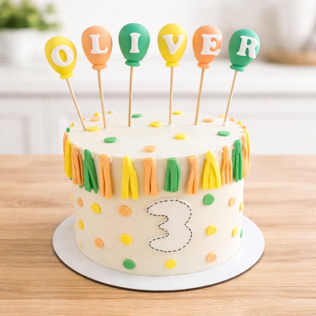 Tarta infantil blanca con guirnaldas amarillas, verdes y naranjas, globos con letras y numero tres.