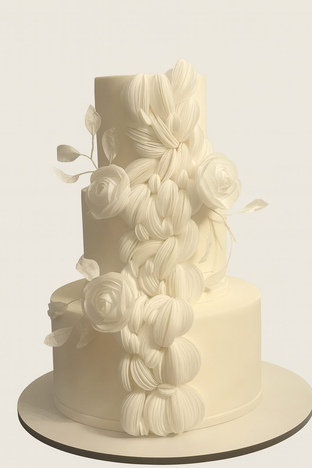 Tarta blanca de dos niveles con una cascada vertical de flores y petalos en marfil.