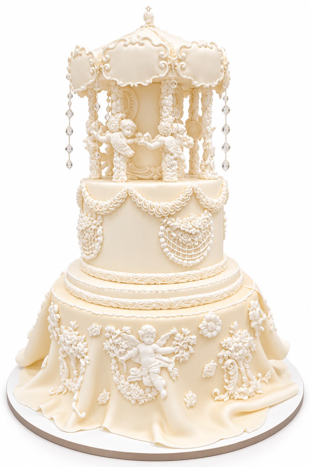 Tarta marfil de tres pisos coronada por un carrusel.