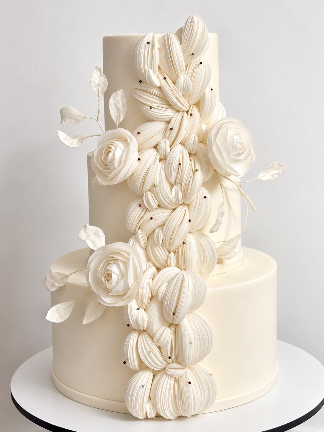 Tarta marfil de tres pisos con una cascada de rosetas en un lateral.